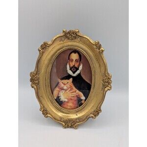 Funny Cat Art Print Renaissance Man Holding Orange Tabby Gold Oval Frame 4x6